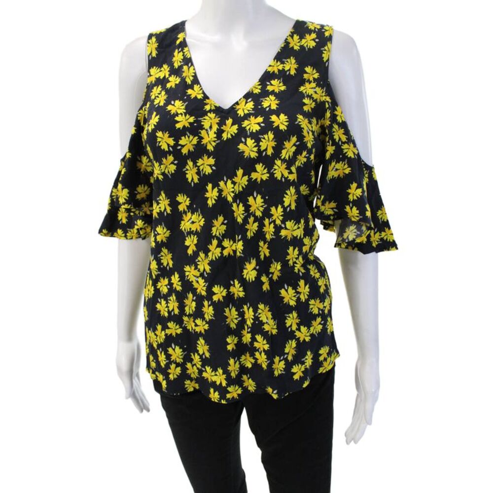 Derek Lam Womens Black Floral V-Neck Short Sleeve Blouse Size 40